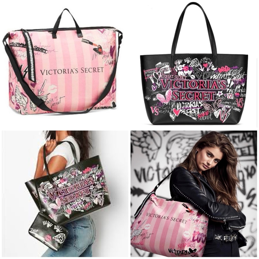 2 Victorias Secret VS pink Tote graffiti Rocker Purse bag -NWTS Pink & Black